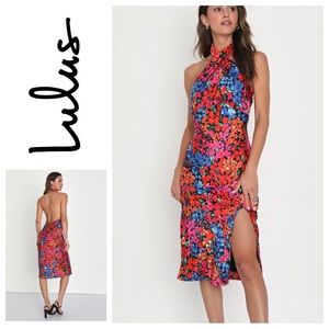 Lulu’s Bold Presence Black and Red Multi Floral Satin Halter Midi Dress Sz M